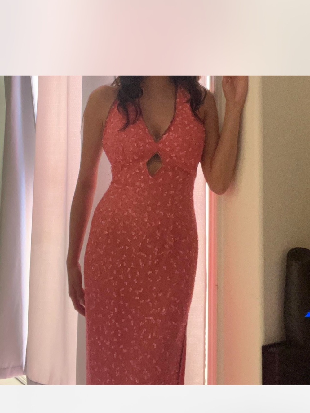 Scala Coral Halter Maxi Dress with Front Keyhole